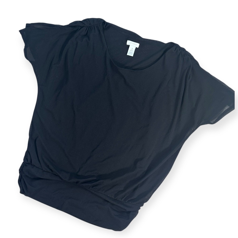 Chico's‎ Black Dolman Sleeve Ruched Hem Mesh Overlay Top Size 1